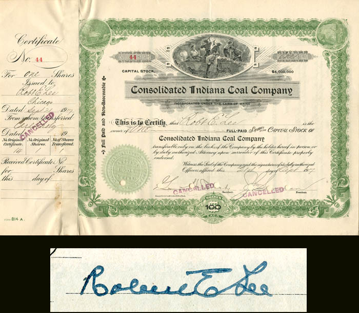 Consolidated Indiana Coal Co. signed by a Robt E. Lee (possibly a relative)